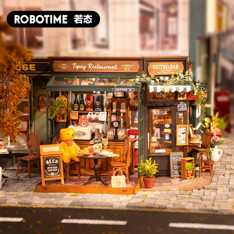 Robotime Rolife Tipsy Restaurant Miniature Dollhouse – 3D Wooden Puzzle Bistro Bar DIY Kit, Home Decor & Gift Idea