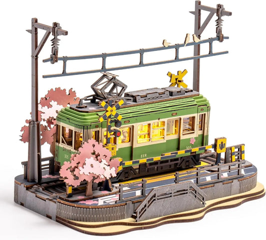 Robotime 3D Wooden Puzzle – Sakura Journey Tram DIY Model Kit with LED Light, Craft Toy for Kids & Adults, Brain Teaser Gift