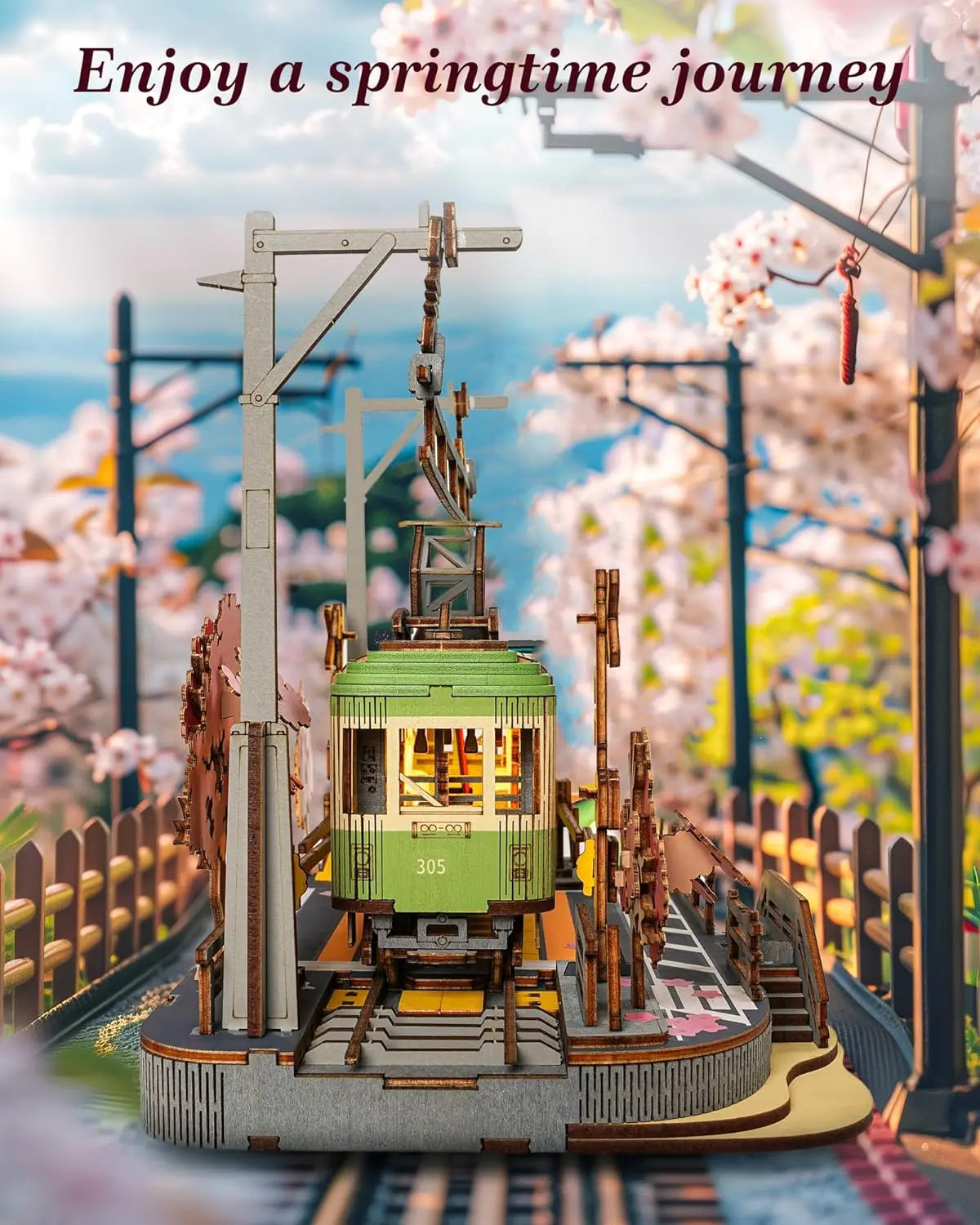 Robotime 3D Wooden Puzzle – Sakura Journey Tram DIY Model Kit with LED Light, Craft Toy for Kids & Adults, Brain Teaser Gift