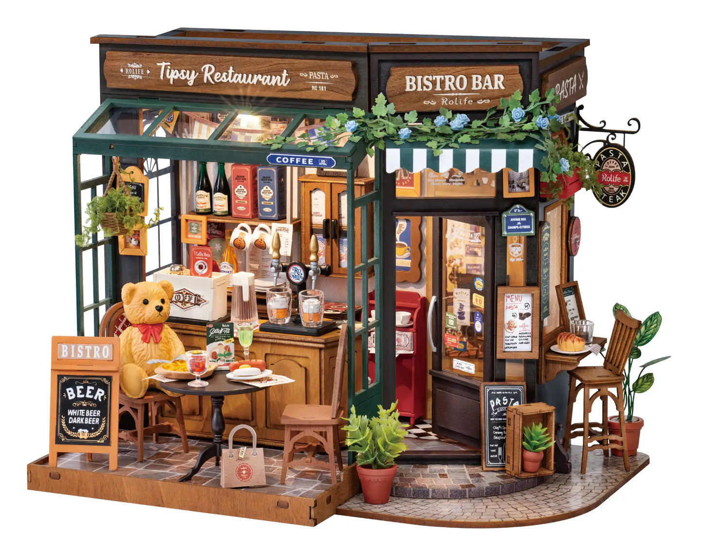 Robotime Rolife Tipsy Restaurant Miniature Dollhouse – 3D Wooden Puzzle Bistro Bar DIY Kit, Home Decor & Gift Idea