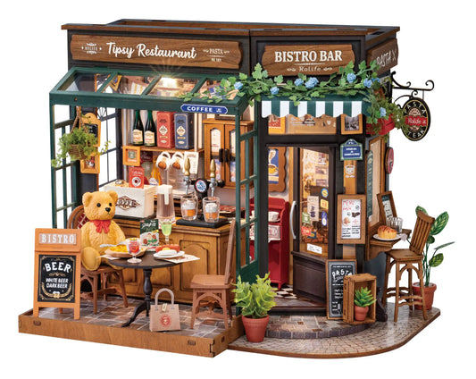 Robotime Rolife Tipsy Restaurant Miniature Dollhouse – 3D Wooden Puzzle Bistro Bar DIY Kit, Home Decor & Gift Idea